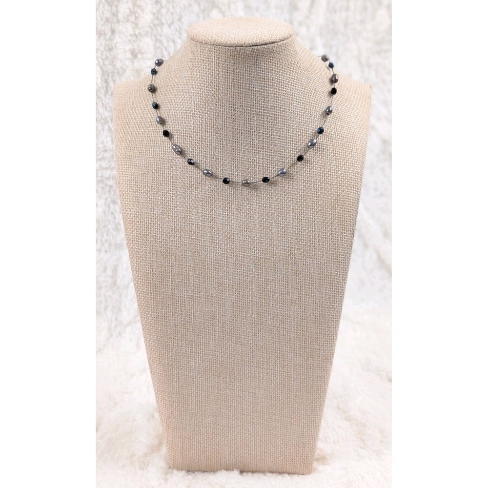 Lia Sophia Gray Pearl Black Crystal Beaded Necklace Gunmetal Adjustable Vintage